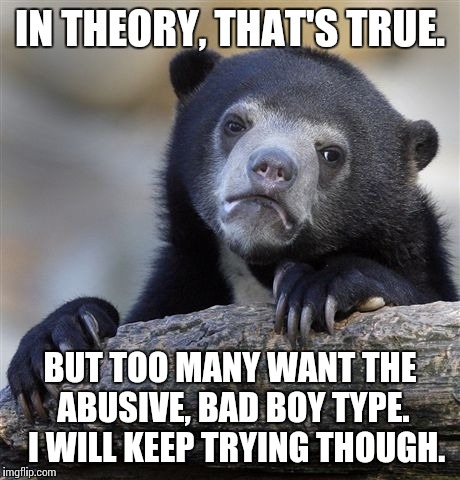 Confession Bear Meme | IN THEORY, THAT'S TRUE. BUT TOO MANY WANT THE ABUSIVE, BAD BOY TYPE.  I WILL KEEP TRYING THOUGH. | image tagged in memes,confession bear | made w/ Imgflip meme maker