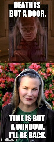 DEATH IS BUT A DOOR. TIME IS BUT A WINDOW. I'LL BE BACK. | image tagged in daryl hannah,ghostbusters,ghostbusters 2,vigo,plastic surgery | made w/ Imgflip meme maker