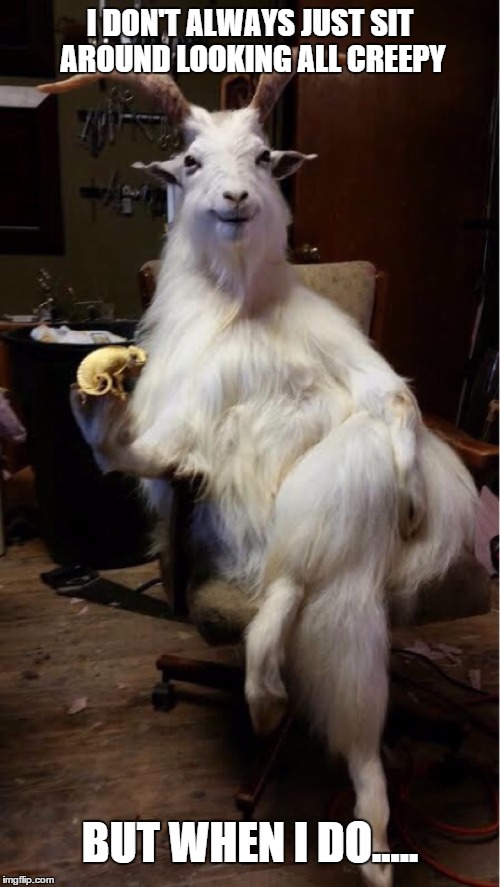 The Most Interesting Goat In The World | I DON'T ALWAYS JUST SIT AROUND LOOKING ALL CREEPY; BUT WHEN I DO..... | image tagged in goat,the most interesting goat in the world,the most interesting man in the world,creepy | made w/ Imgflip meme maker