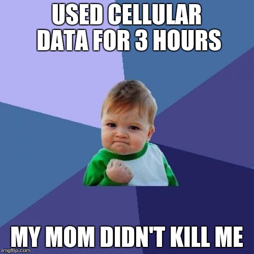 Success Kid | USED CELLULAR DATA FOR 3 HOURS; MY MOM DIDN'T KILL ME | image tagged in memes,success kid | made w/ Imgflip meme maker