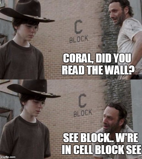 Rick and Carl Meme | CORAL, DID YOU READ THE WALL? SEE BLOCK.. W'RE IN CELL BLOCK SEE | image tagged in memes,rick and carl | made w/ Imgflip meme maker
