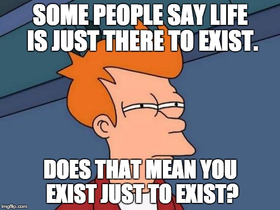 Exist Just to Exist? o_o | SOME PEOPLE SAY LIFE IS JUST THERE TO EXIST. DOES THAT MEAN YOU EXIST JUST TO EXIST? | image tagged in memes,futurama fry | made w/ Imgflip meme maker