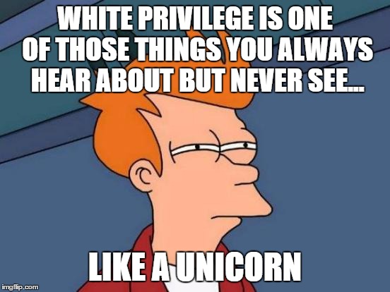 The all elusive phenomenon | WHITE PRIVILEGE IS ONE OF THOSE THINGS YOU ALWAYS HEAR ABOUT BUT NEVER SEE... LIKE A UNICORN | image tagged in memes,futurama fry,white privilege,racism,funny memes | made w/ Imgflip meme maker