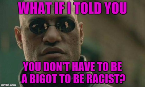 Matrix Morpheus Meme | WHAT IF I TOLD YOU; YOU DON'T HAVE TO BE A BIGOT TO BE RACIST? | image tagged in memes,matrix morpheus | made w/ Imgflip meme maker