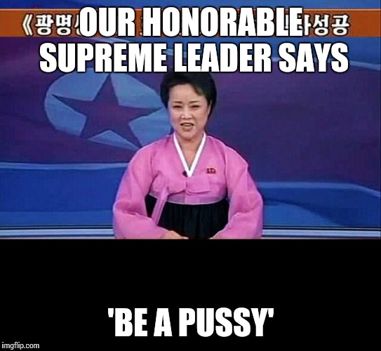 North Korean anchorwoman | OUR HONORABLE SUPREME LEADER SAYS; 'BE A PUSSY' | image tagged in north korean anchorwoman | made w/ Imgflip meme maker