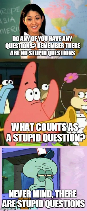 Any questions?  | DO ANY OF YOU HAVE ANY QUESTIONS? REMEMBER THERE ARE NO STUPID QUESTIONS; WHAT COUNTS AS A STUPID QUESTION? NEVER MIND, THERE ARE STUPID QUESTIONS | image tagged in stupid,memes | made w/ Imgflip meme maker