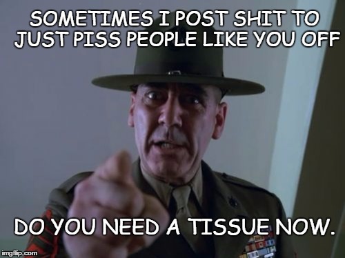 Sergeant Hartmann | SOMETIMES I POST SHIT TO JUST PISS PEOPLE LIKE YOU OFF; DO YOU NEED A TISSUE NOW. | image tagged in memes,sergeant hartmann | made w/ Imgflip meme maker