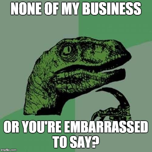 Philosoraptor Meme | NONE OF MY BUSINESS OR YOU'RE EMBARRASSED TO SAY? | image tagged in memes,philosoraptor | made w/ Imgflip meme maker
