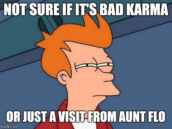 Futurama Fry Meme | NOT SURE IF IT'S BAD KARMA OR JUST A VISIT FROM AUNT FLO | image tagged in memes,futurama fry | made w/ Imgflip meme maker