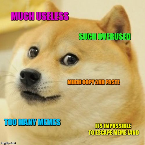 Doge | MUCH USELESS; SUCH OVERUSED; MUCH COPY AND PASTE; TOO MANY MEMES; ITS IMPOSSIBLE TO ESCAPE MEME LAND | image tagged in memes,doge | made w/ Imgflip meme maker