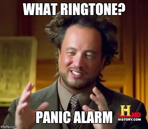Ancient Aliens Meme | WHAT RINGTONE? PANIC ALARM | image tagged in memes,ancient aliens | made w/ Imgflip meme maker