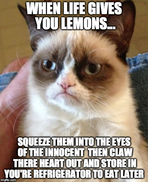 Hmm... dinner. | WHEN LIFE GIVES YOU LEMONS... SQUEEZE THEM INTO THE EYES OF THE INNOCENT  THEN CLAW THERE HEART OUT AND STORE IN YOU'RE REFRIGERATOR TO EAT LATER | image tagged in memes,grumpy cat | made w/ Imgflip meme maker