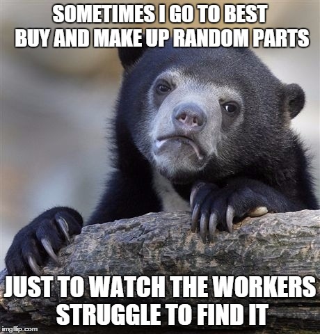 Confession Bear Meme | SOMETIMES I GO TO BEST BUY AND MAKE UP RANDOM PARTS; JUST TO WATCH THE WORKERS STRUGGLE TO FIND IT | image tagged in memes,confession bear,AdviceAnimals | made w/ Imgflip meme maker