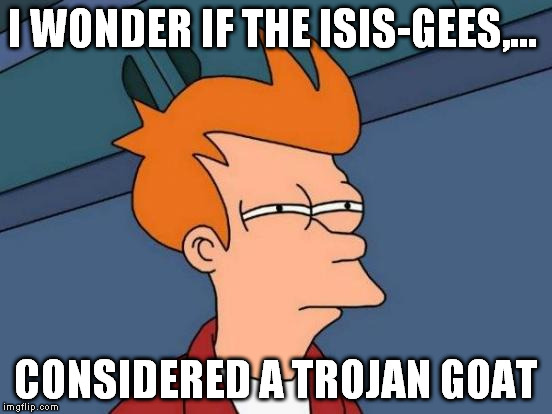 Futurama Fry Meme | I WONDER IF THE ISIS-GEES,... CONSIDERED A TROJAN GOAT | image tagged in memes,futurama fry | made w/ Imgflip meme maker