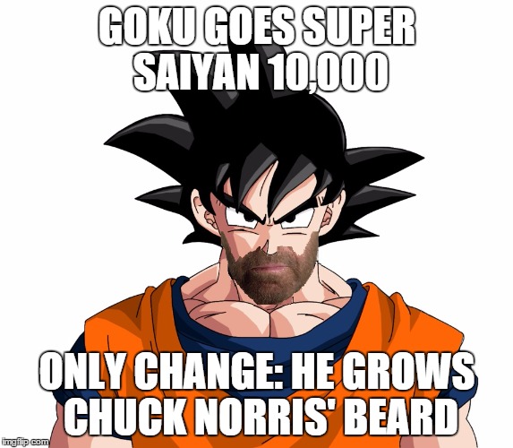 goku super saiyan 10000 - chuck norris beard | GOKU GOES SUPER SAIYAN 10,000; ONLY CHANGE: HE GROWS CHUCK NORRIS' BEARD | image tagged in goku,super saiyan,chuck norris,original meme,front page | made w/ Imgflip meme maker