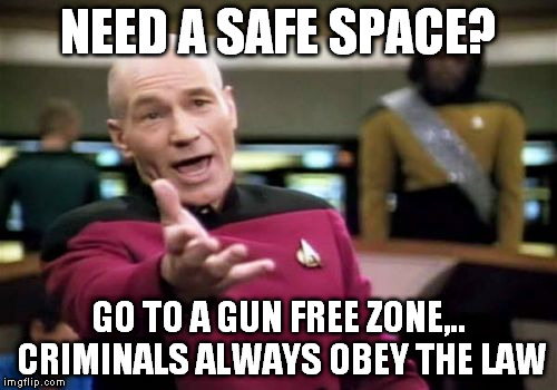 Picard Wtf Meme | NEED A SAFE SPACE? GO TO A GUN FREE ZONE,.. CRIMINALS ALWAYS OBEY THE LAW | image tagged in memes,picard wtf | made w/ Imgflip meme maker