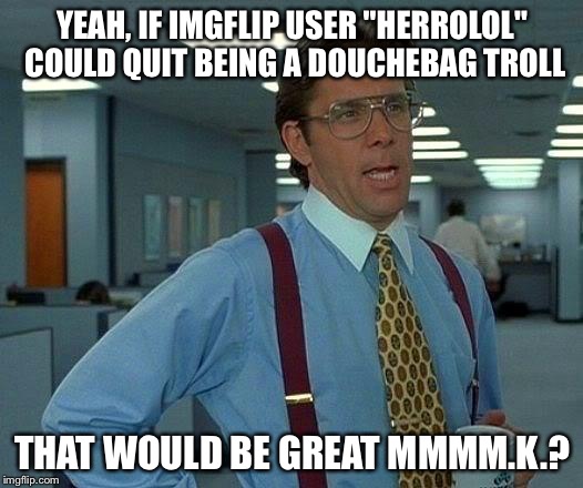 This troll is a complete negative douchebag! | YEAH, IF IMGFLIP USER "HERROLOL" COULD QUIT BEING A DOUCHEBAG TROLL; THAT WOULD BE GREAT MMMM.K.? | image tagged in memes,that would be great | made w/ Imgflip meme maker