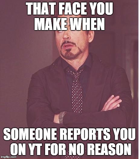 Face You Make Robert Downey Jr Meme | THAT FACE YOU MAKE WHEN; SOMEONE REPORTS YOU ON YT FOR NO REASON | image tagged in memes,face you make robert downey jr | made w/ Imgflip meme maker