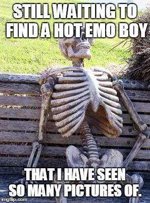 Waiting Skeleton | STILL WAITING TO FIND A HOT EMO BOY; THAT I HAVE SEEN SO MANY PICTURES OF. | image tagged in memes,waiting skeleton | made w/ Imgflip meme maker