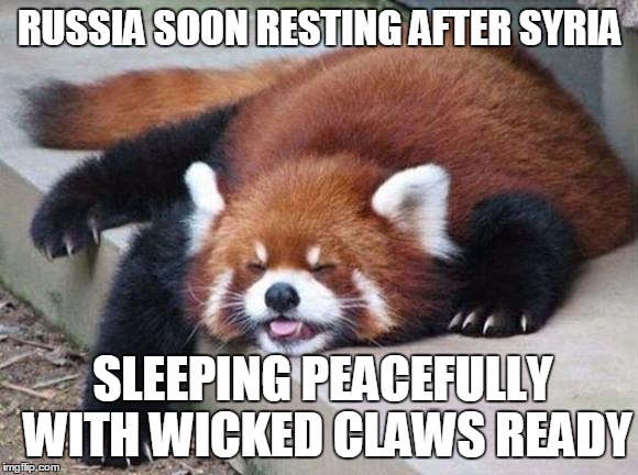 Russian bear soon resting | RUSSIA
SOON RESTING AFTER SYRIA; SLEEPING PEACEFULLY WITH WICKED CLAWS READY | image tagged in russia,syria,sleeping | made w/ Imgflip meme maker