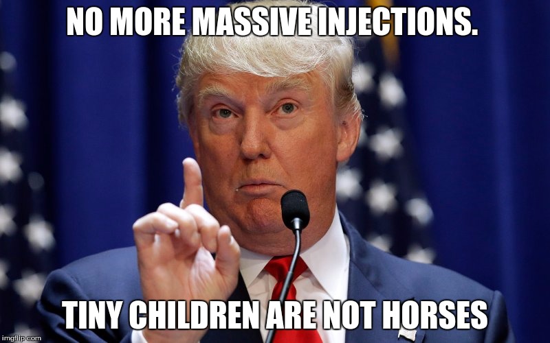 Donald Trump | NO MORE MASSIVE INJECTIONS. TINY CHILDREN ARE NOT HORSES | image tagged in donald trump | made w/ Imgflip meme maker
