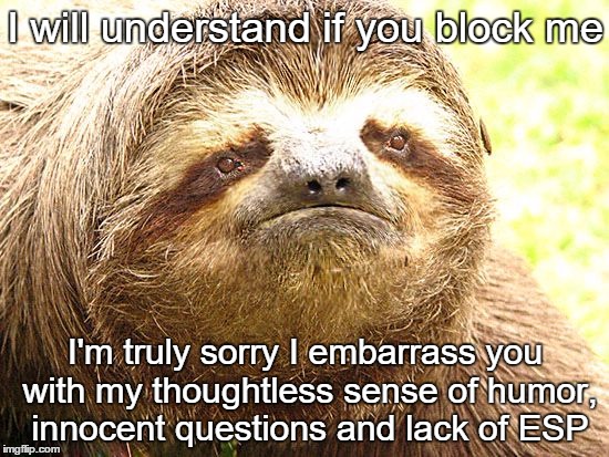 Sorry Sloth | I will understand if you block me; I'm truly sorry I embarrass you with my thoughtless sense of humor, innocent questions and lack of ESP | image tagged in block me,sorry i embarrass you,thoughtless,i'm not psychic,sorry | made w/ Imgflip meme maker