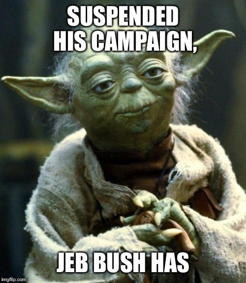 SUSPENDED HIS CAMPAIGN, JEB BUSH HAS | image tagged in memes,star wars yoda | made w/ Imgflip meme maker