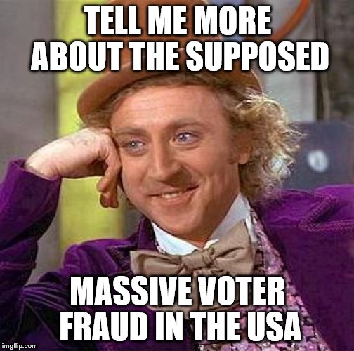 Creepy Condescending Wonka Meme | TELL ME MORE ABOUT THE SUPPOSED MASSIVE VOTER FRAUD IN THE USA | image tagged in memes,creepy condescending wonka | made w/ Imgflip meme maker