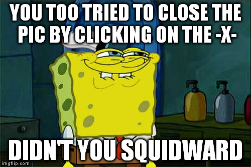 Don't You Squidward Meme | YOU TOO TRIED TO CLOSE THE PIC BY CLICKING ON THE -X- DIDN'T YOU SQUIDWARD | image tagged in memes,dont you squidward | made w/ Imgflip meme maker
