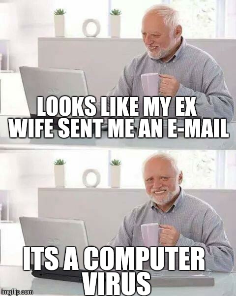 Hide the Pain Harold Meme | LOOKS LIKE MY EX WIFE SENT ME AN E-MAIL; ITS A COMPUTER VIRUS | image tagged in memes,hide the pain harold | made w/ Imgflip meme maker