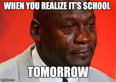 crying michael jordan | WHEN YOU REALIZE IT'S SCHOOL; TOMORROW | image tagged in crying michael jordan | made w/ Imgflip meme maker