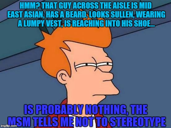 check your PC manual not your brain | HMM? THAT GUY ACROSS THE AISLE IS MID EAST ASIAN, HAS A BEARD, LOOKS SULLEN, WEARING A LUMPY VEST, IS REACHING INTO HIS SHOE... IS PROBABLY NOTHING, THE MSM TELLS ME NOT TO STEREOTYPE | image tagged in memes,futurama fry,terrorist,political correctness | made w/ Imgflip meme maker