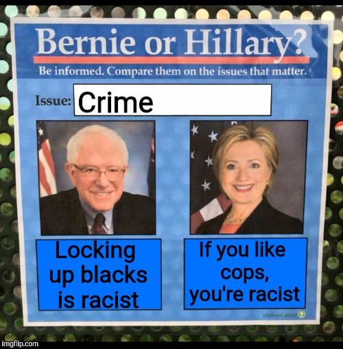 Bernie or Hillary? | Crime; If you like cops, you're racist; Locking up blacks is racist | image tagged in bernie or hillary | made w/ Imgflip meme maker