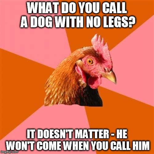 Anti Joke Chicken | WHAT DO YOU CALL A DOG WITH NO LEGS? IT DOESN'T MATTER - HE WON'T COME WHEN YOU CALL HIM | image tagged in memes,anti joke chicken | made w/ Imgflip meme maker