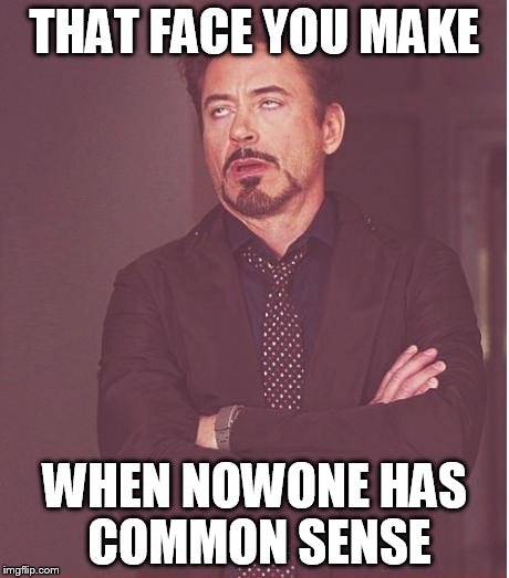 Face You Make Robert Downey Jr | THAT FACE YOU MAKE; WHEN NOWONE HAS COMMON SENSE | image tagged in memes,face you make robert downey jr | made w/ Imgflip meme maker