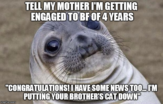 Awkward Moment Sealion Meme | TELL MY MOTHER I'M GETTING ENGAGED TO BF OF 4 YEARS; "CONGRATULATIONS! I HAVE SOME NEWS TOO...
I'M PUTTING YOUR BROTHER'S CAT DOWN" | image tagged in memes,awkward moment sealion,AdviceAnimals | made w/ Imgflip meme maker