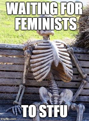 Waiting Skeleton | WAITING FOR FEMINISTS; TO STFU | image tagged in memes,waiting skeleton | made w/ Imgflip meme maker