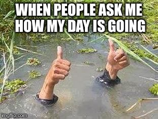 Monday got me like... | WHEN PEOPLE ASK ME HOW MY DAY IS GOING | image tagged in flooding thumbs up,meme,monday,bad day,busy,motivation | made w/ Imgflip meme maker