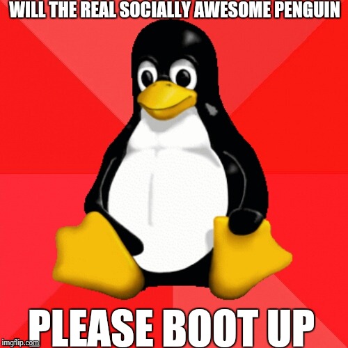 The REAL socially awesome penguin | WILL THE REAL SOCIALLY AWESOME PENGUIN; PLEASE BOOT UP | image tagged in socially awesome penguin,linux | made w/ Imgflip meme maker