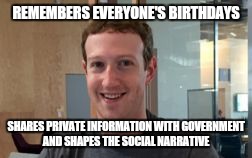 MAN OF THE YEAR.   Mark Zuckerberg does the following. .... | REMEMBERS EVERYONE'S BIRTHDAYS; SHARES PRIVATE INFORMATION WITH GOVERNMENT AND SHAPES THE SOCIAL NARRATIVE | image tagged in mark zuckerburg,facebook,privacy,government,big brother | made w/ Imgflip meme maker