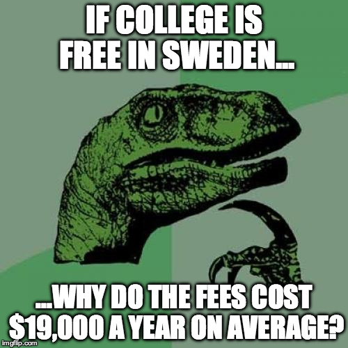 Philosoraptor Meme | IF COLLEGE IS FREE IN SWEDEN... ...WHY DO THE FEES COST $19,000 A YEAR ON AVERAGE? | image tagged in memes,philosoraptor | made w/ Imgflip meme maker