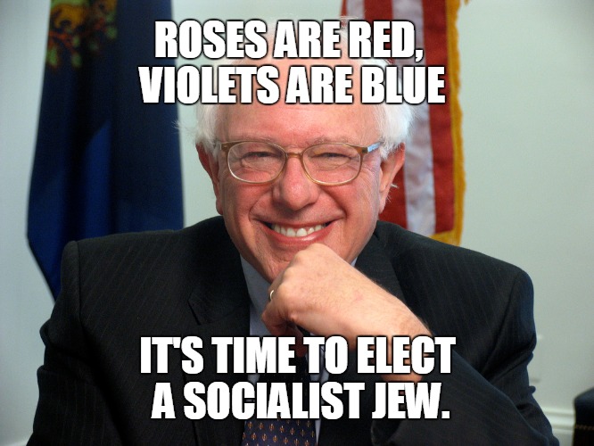 Bernie | ROSES ARE RED, VIOLETS ARE BLUE; IT'S TIME TO ELECT A SOCIALIST JEW. | image tagged in political | made w/ Imgflip meme maker