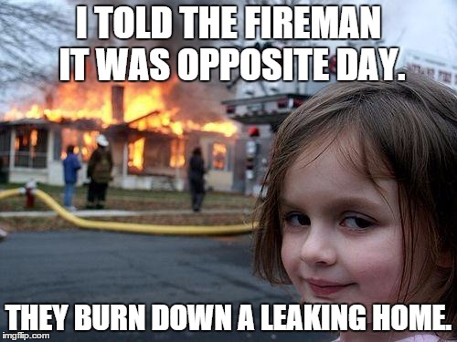 Disaster Girl | I TOLD THE FIREMAN IT WAS OPPOSITE DAY. THEY BURN DOWN A LEAKING HOME. | image tagged in memes,disaster girl | made w/ Imgflip meme maker