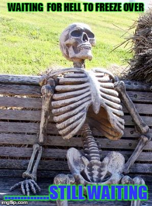 Waiting Skeleton | WAITING  FOR HELL TO FREEZE OVER; ..............STILL WAITING | image tagged in memes,waiting skeleton | made w/ Imgflip meme maker
