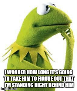 kermit | I WONDER HOW LONG IT'S GOING TO TAKE HIM TO FIGURE OUT THAT I'M STANDING RIGHT BEHIND HIM | image tagged in kermit | made w/ Imgflip meme maker