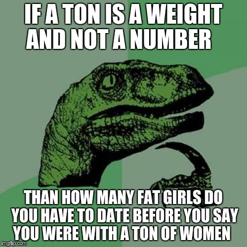 Philosoraptor | IF A TON IS A WEIGHT AND NOT A NUMBER; THAN HOW MANY FAT GIRLS DO YOU HAVE TO DATE BEFORE YOU SAY YOU WERE WITH A TON OF WOMEN | image tagged in memes,philosoraptor | made w/ Imgflip meme maker