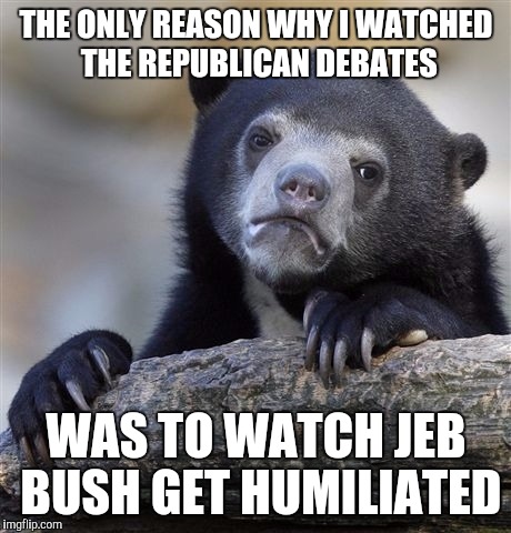 Confession Bear | THE ONLY REASON WHY I WATCHED THE REPUBLICAN DEBATES; WAS TO WATCH JEB BUSH GET HUMILIATED | image tagged in memes,confession bear | made w/ Imgflip meme maker