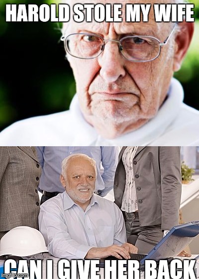 Hide the pain harold | HAROLD STOLE MY WIFE; CAN I GIVE HER BACK | image tagged in hide the pain harold,grumpy old men,memes,funny,latest stream | made w/ Imgflip meme maker