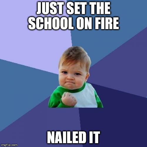 Success Kid | JUST SET THE SCHOOL ON FIRE; NAILED IT | image tagged in memes,success kid | made w/ Imgflip meme maker