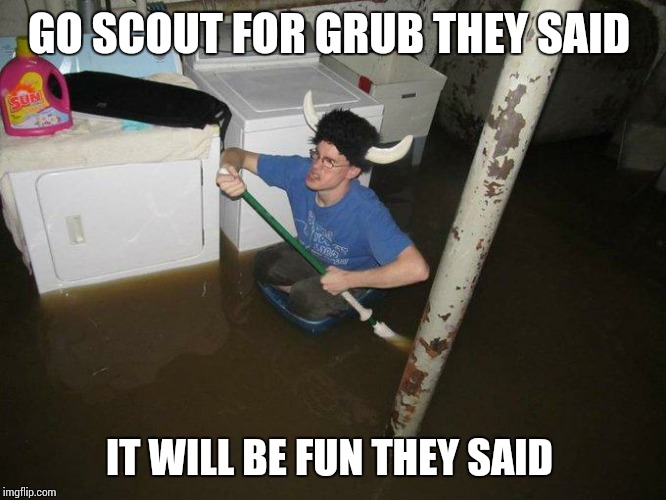Laundry Viking Meme | GO SCOUT FOR GRUB THEY SAID; IT WILL BE FUN THEY SAID | image tagged in memes,laundry viking | made w/ Imgflip meme maker